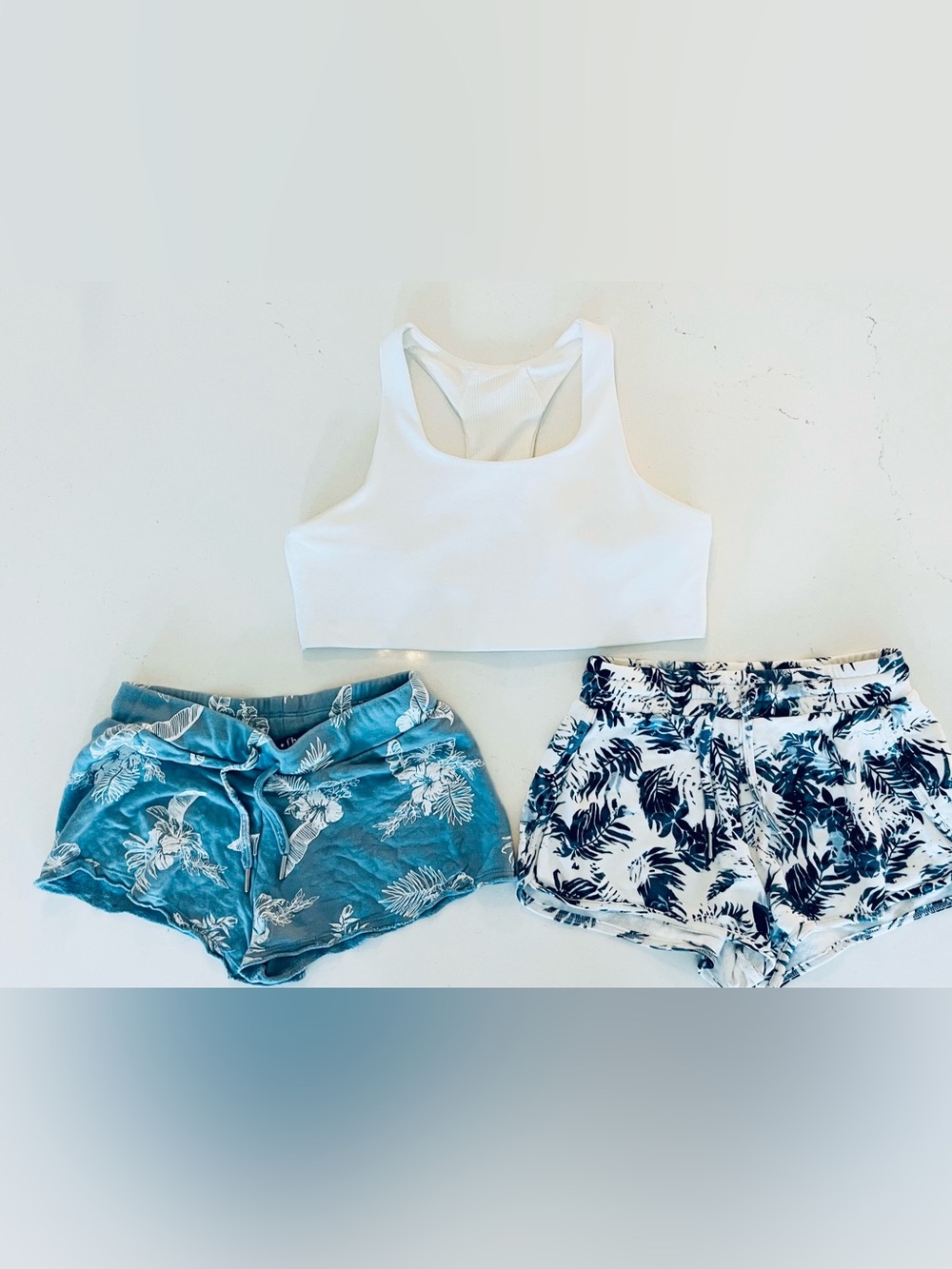 White Racerback Sports Bra - Minimal Athletic Top w two pairs of shorts
